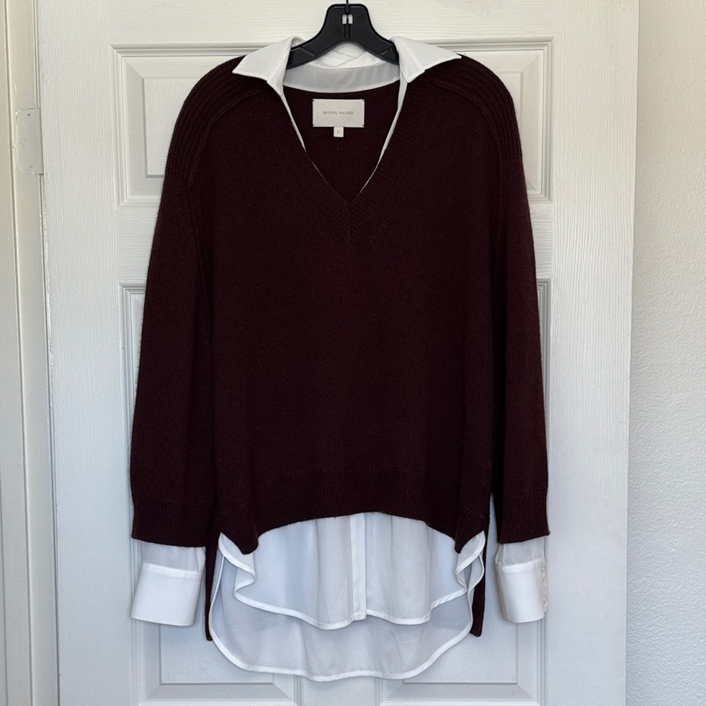 Brochu Walker Deep Red V-Neck Sweater with Layered White Hem